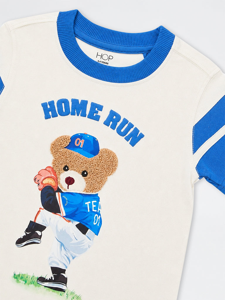 HOP Kids Boys Off-White Teddy-Design Cotton T-Shirt