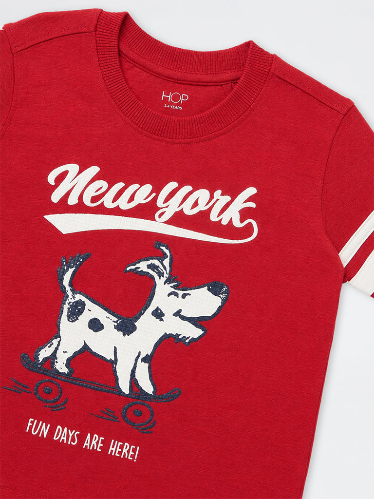 HOP Kids Boys Red Dog Printed Cotton T-Shirt