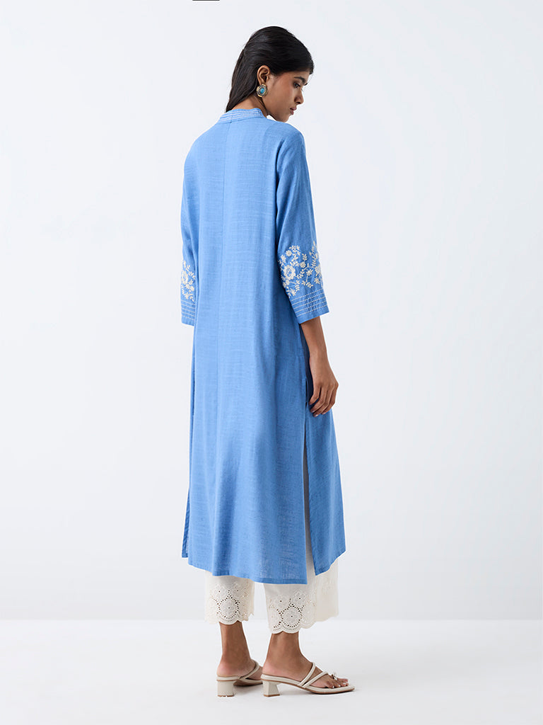 Utsa Blue Floral Embroidered A-Line Kurta