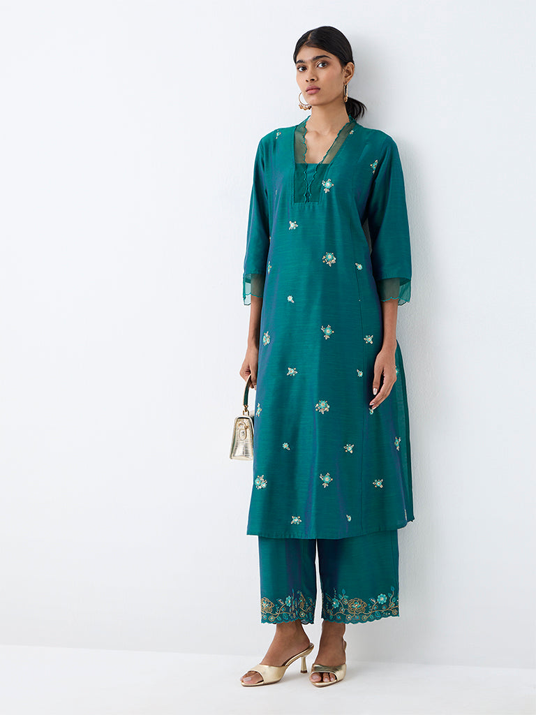 Utsa Dark Green Floral Embroidered A-Line Kurta