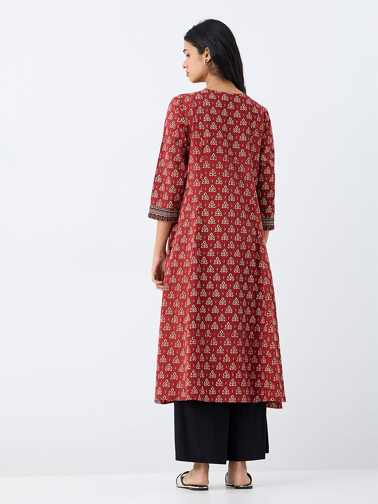 Utsa Red Botanical Printed Cotton A-Line Kurta