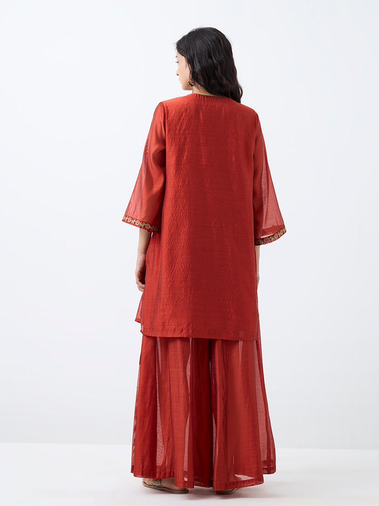 Utsa Orange Floral Embroidered Straight Kurta