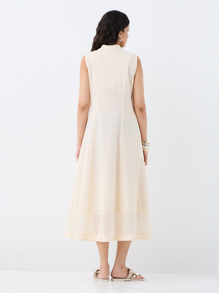 Utsa Off-White Kantha Striped Cotton Shirt Dress