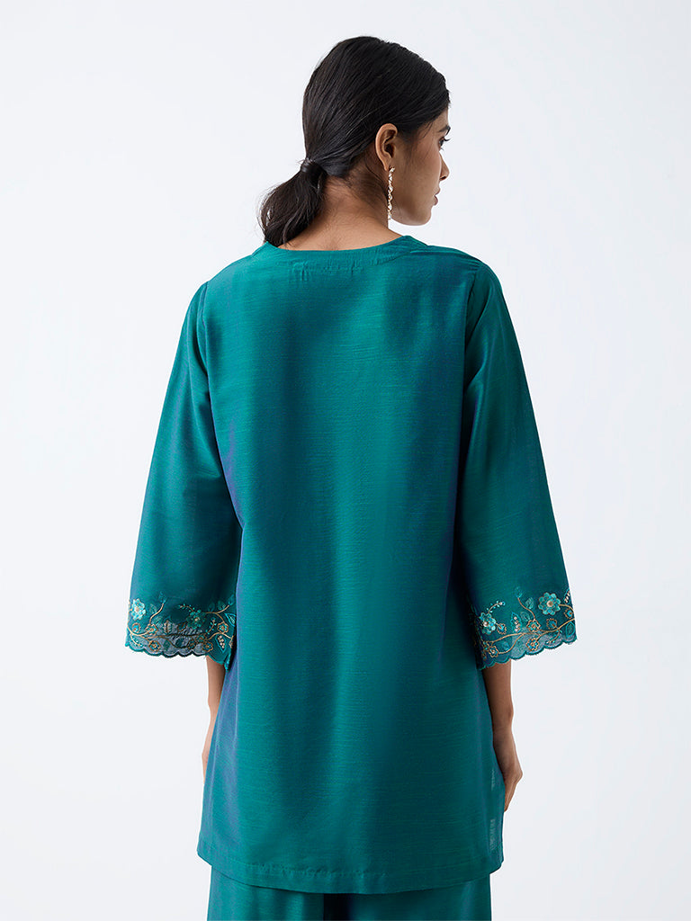 Utsa Dark Teal Floral Embroidered Tunic