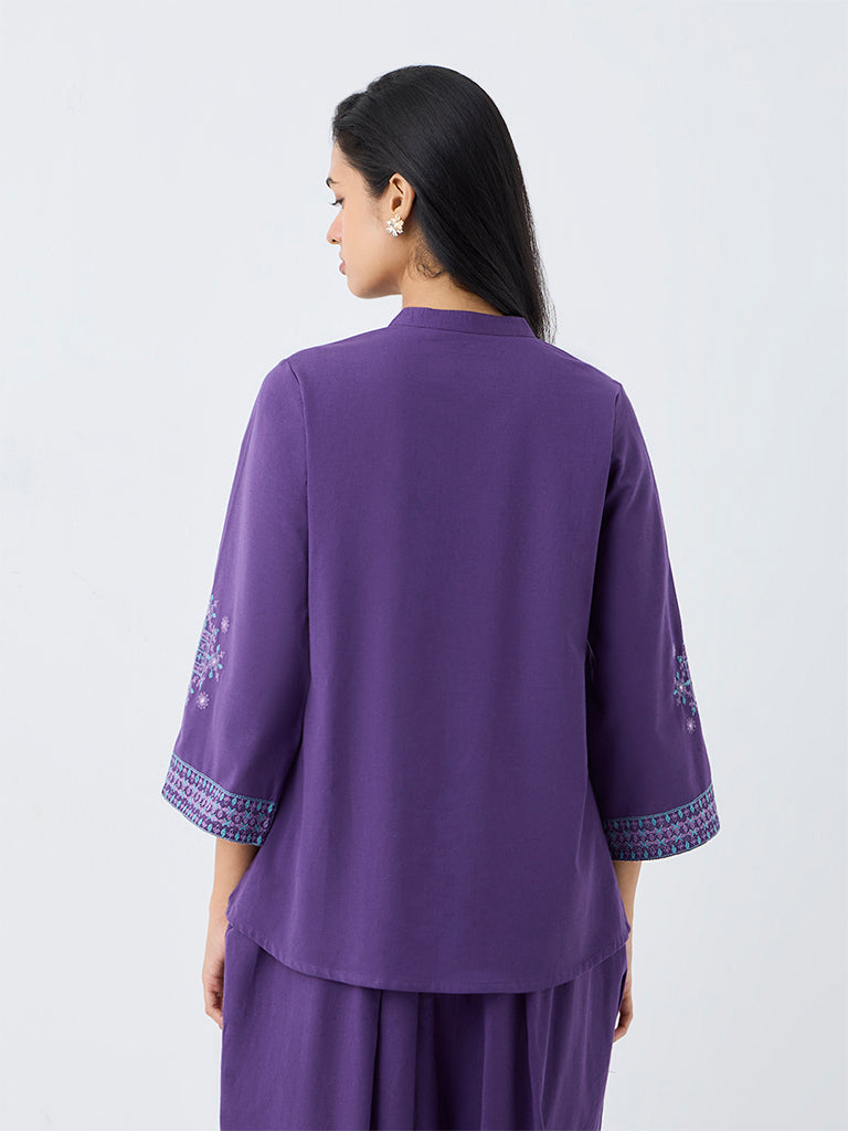 Utsa Violet Embroidered Cotton-Blend Tunic