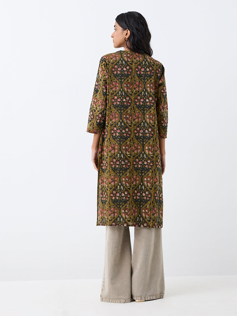 Utsa Dark Olive Floral Printed Cotton Straight Kurta