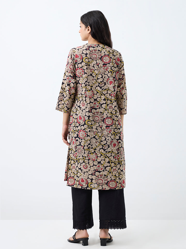Utsa Beige Botanical Design Cotton Straight Kurta