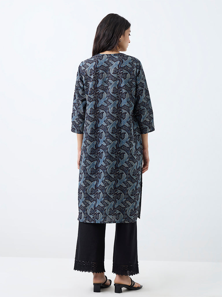 Utsa Navy Fish Design Cotton Straight Kurta