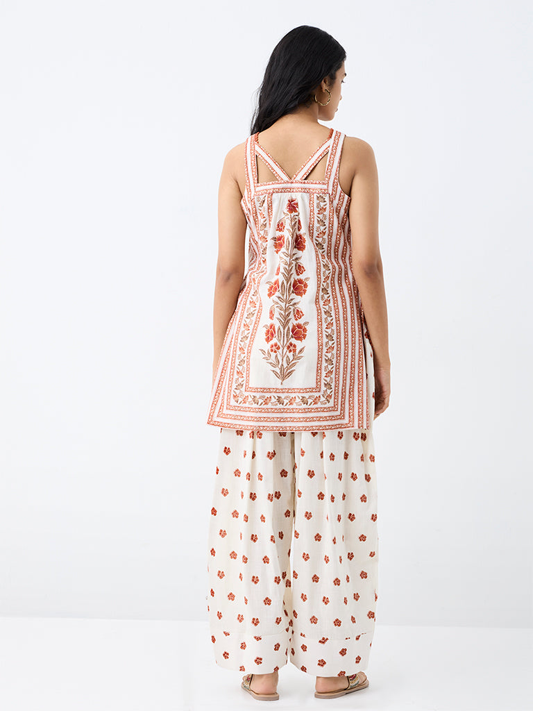 Utsa Off-White Foliage Printed Cotton Straight Kurti