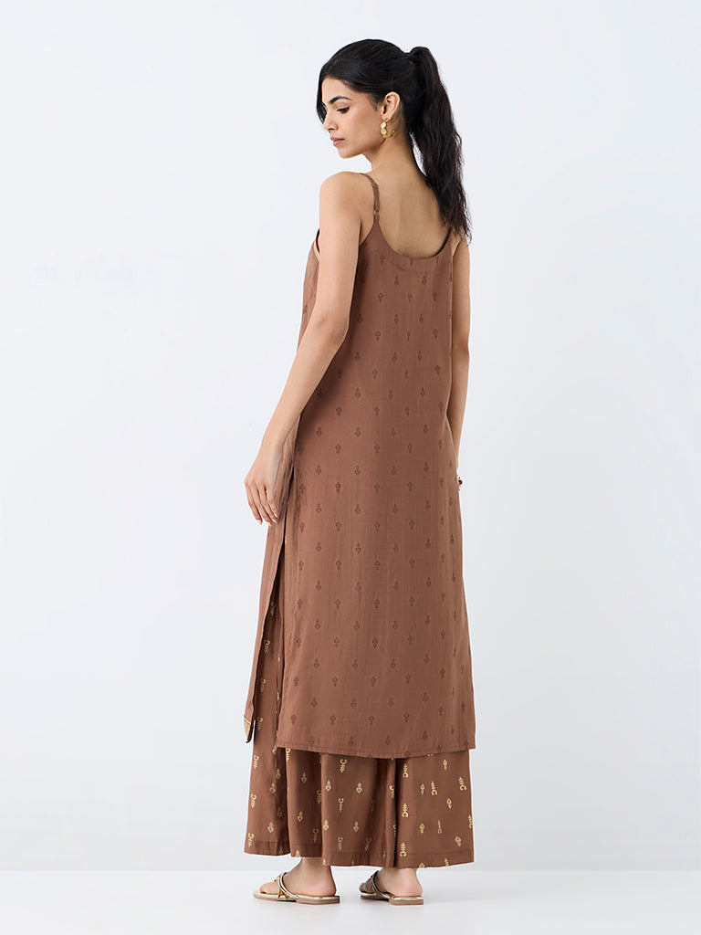 Utsa Light Brown Printed A-Line Kurta