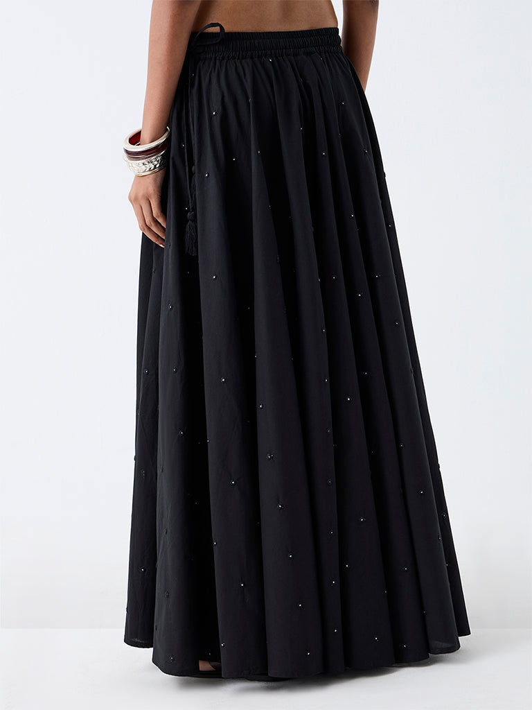 Utsa Black Embroidered Flared Cotton Skirt