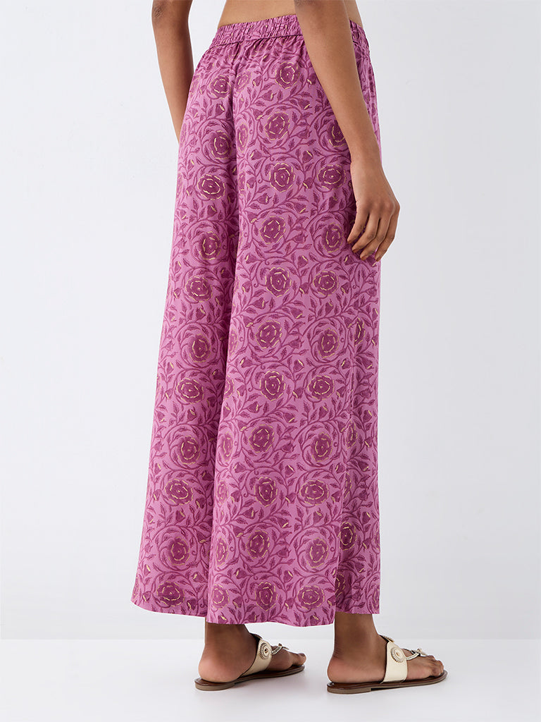 Zuba Purple Floral Design Cotton Pants