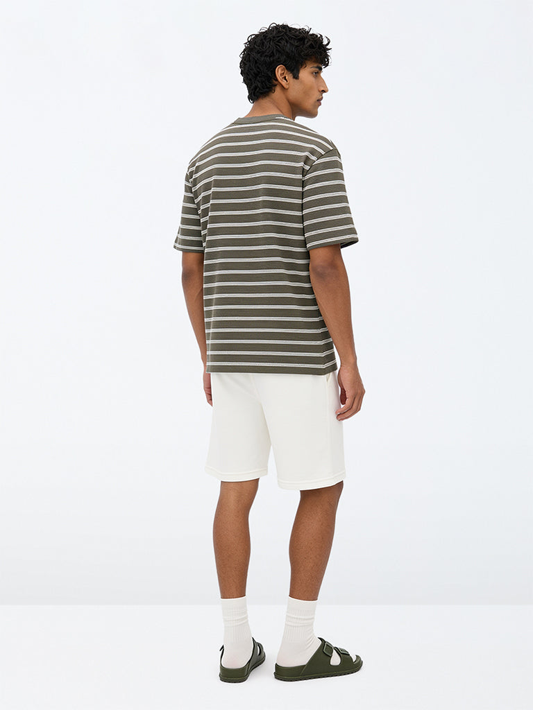 WES Lounge Off-White Solid Relaxed-Fit Mid-Rise Cotton-Blend Shorts