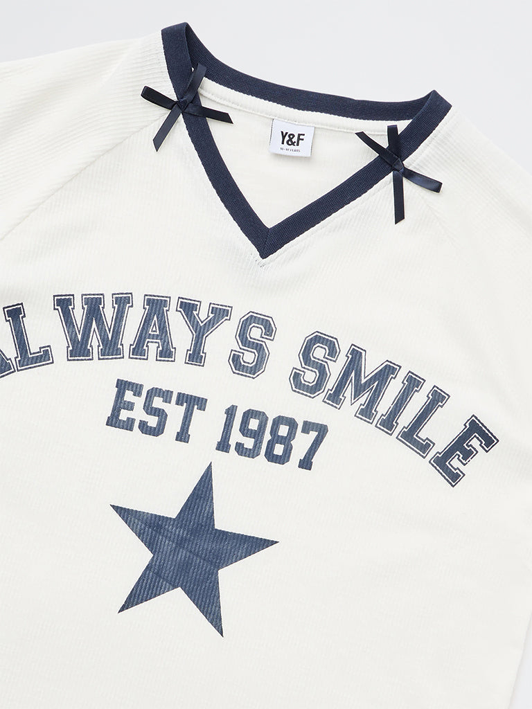 Girls White Text Printed T-Shirt