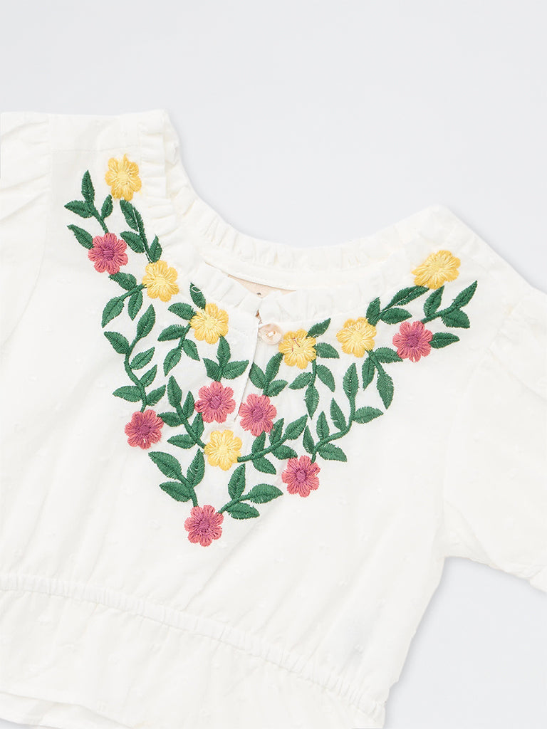 Utsa Kids Girls White Floral Embroidered Cotton Top (2-8 yrs)