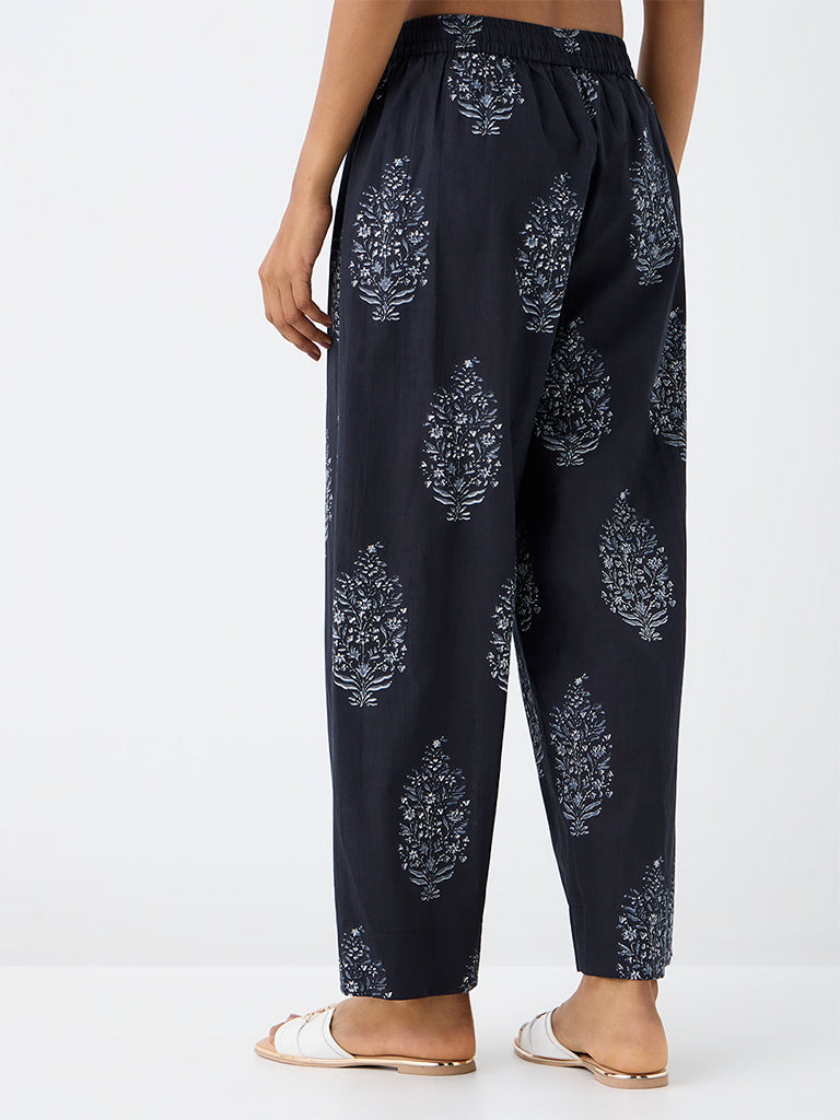 Utsa Dark Navy Floral Printed Cotton Pants