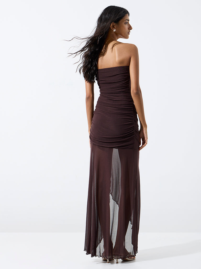 Nuon Brown Sheer Overlay Tube Dress