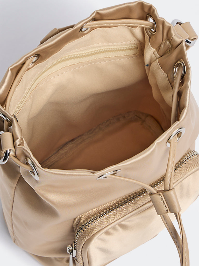 Westside Beige Drawstring-Detail Bucket Sling Bag