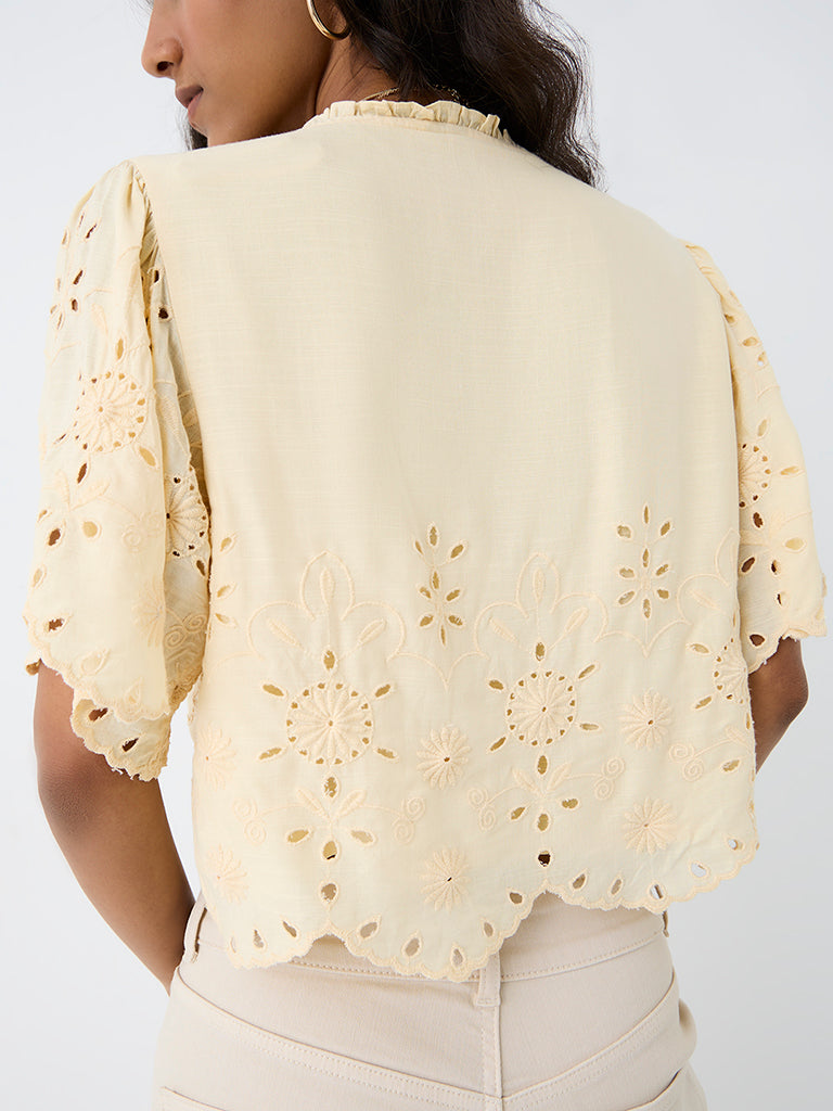 LOV Light Yellow Schiffli Embroidered Blouse