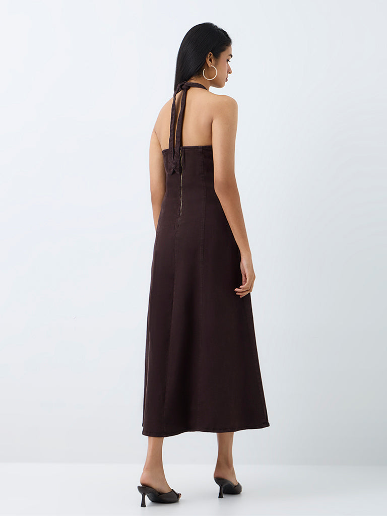 LOV Dark Brown Halter-Neck A-Line Midi Denim Dress