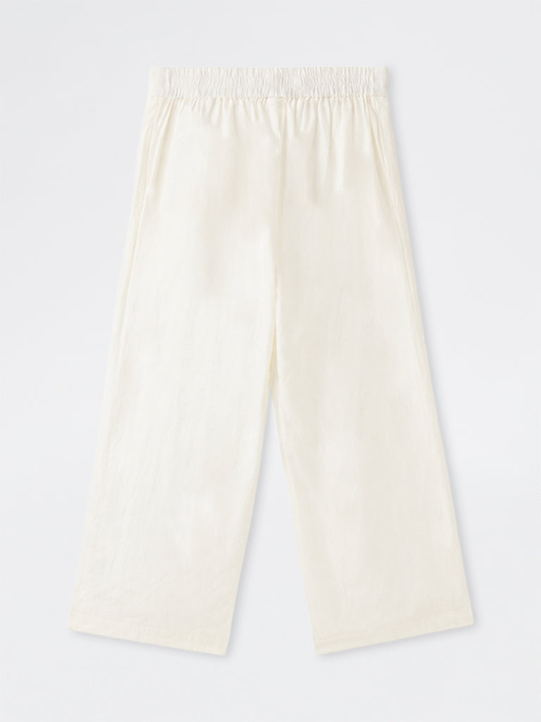 Diza Off-White Solid Linen Pants
