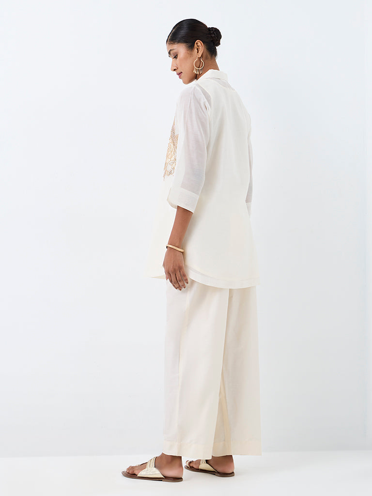 Vark Ivory Floral Embellished Sheer Cotton-Blend Co-Ord Set