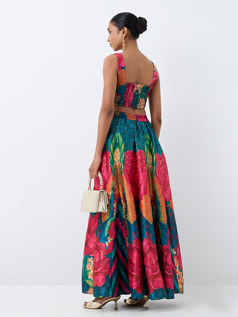 Vark Teal Floral Printed Flared Maxi Skirt