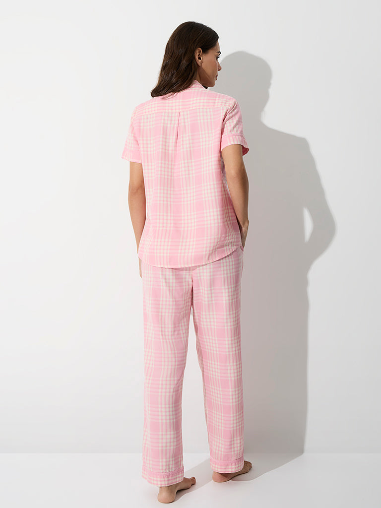 Wunderlove Pink Plaid Checkered Cotton Shirt and Pyjamas Set