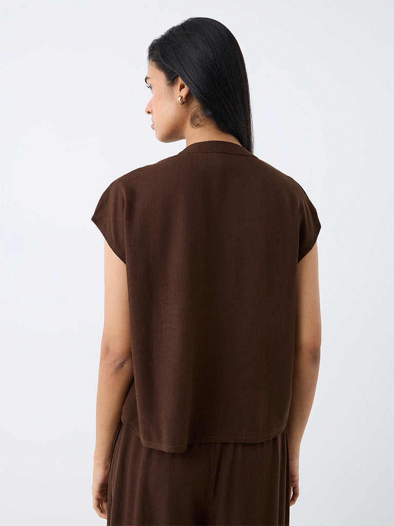 LOV Brown Solid Imitation Frog Fastening Blouse