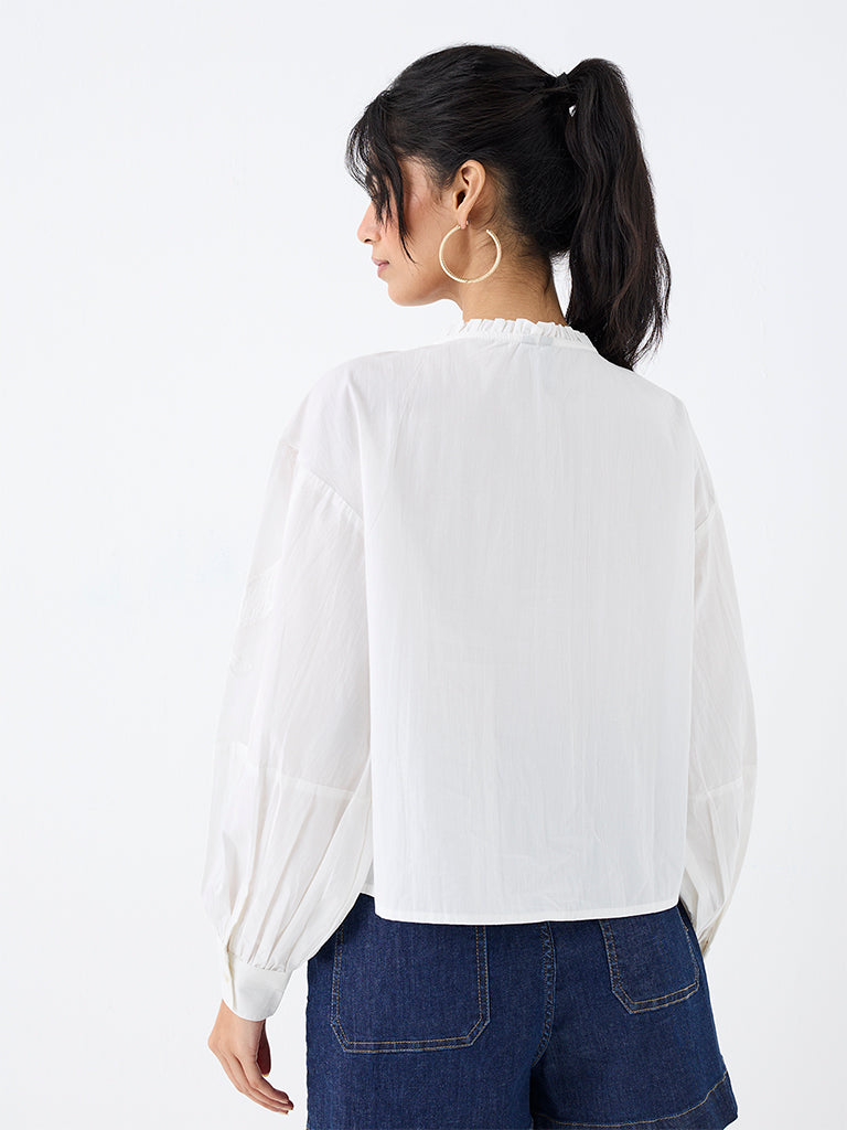 LOV Off-White Bird-Embroidered Cotton Blouse