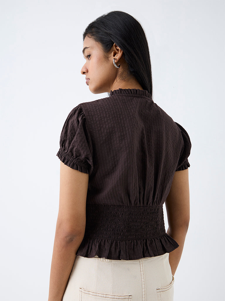 LOV Dark Brown Striped Smocked Top