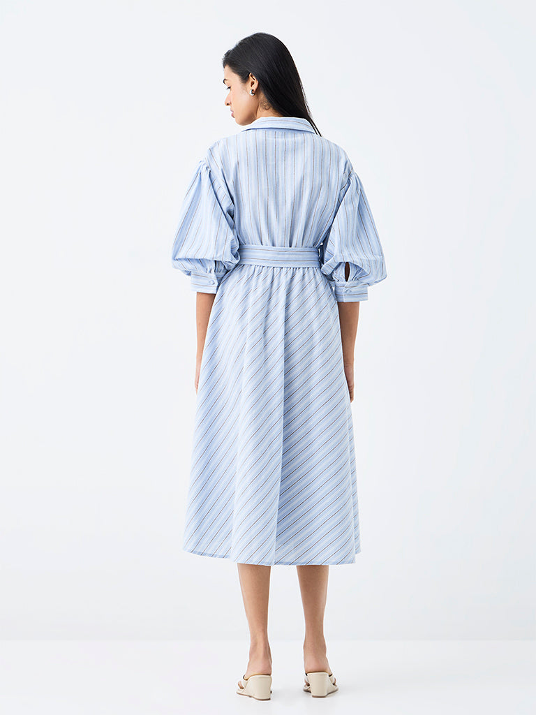 LOV Blue Striped Midi Shirt Dress with Belt