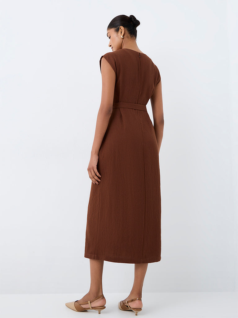 Wardrobe Brown Solid A-Line Dress with Belt