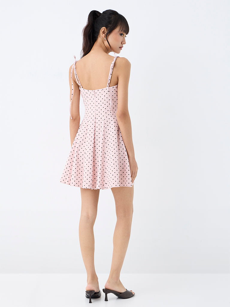 Nuon Pink Polka Dotted Mini A-Line Dress
