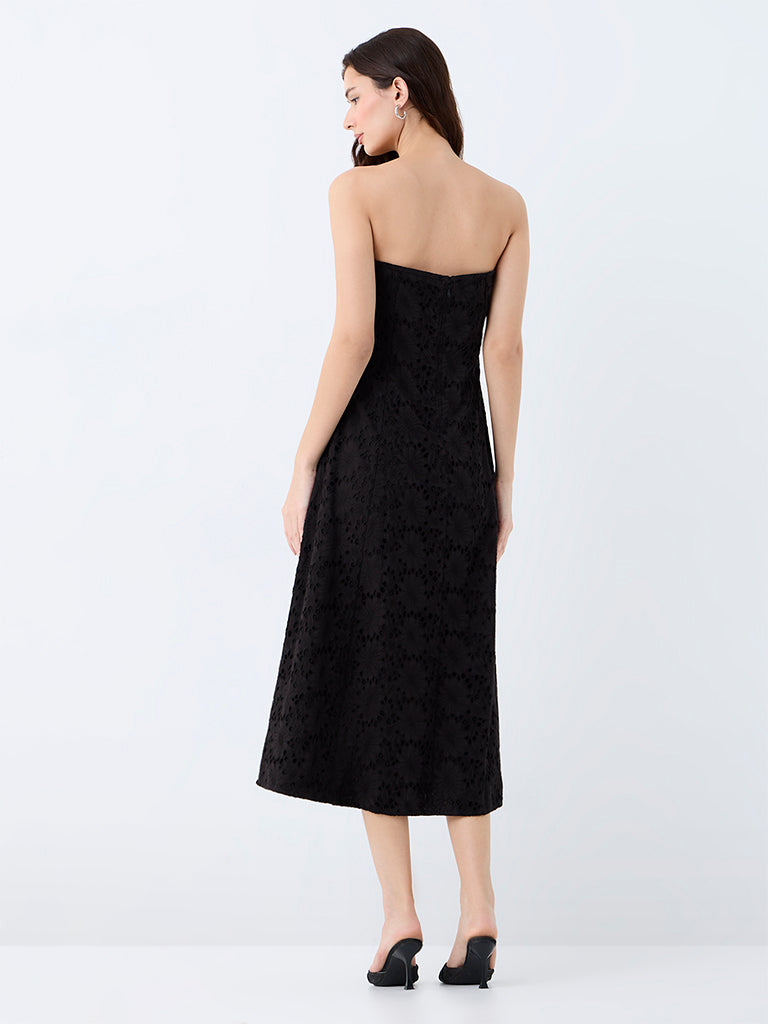 LOV Black Floral Embroidered Cotton Tube Dress