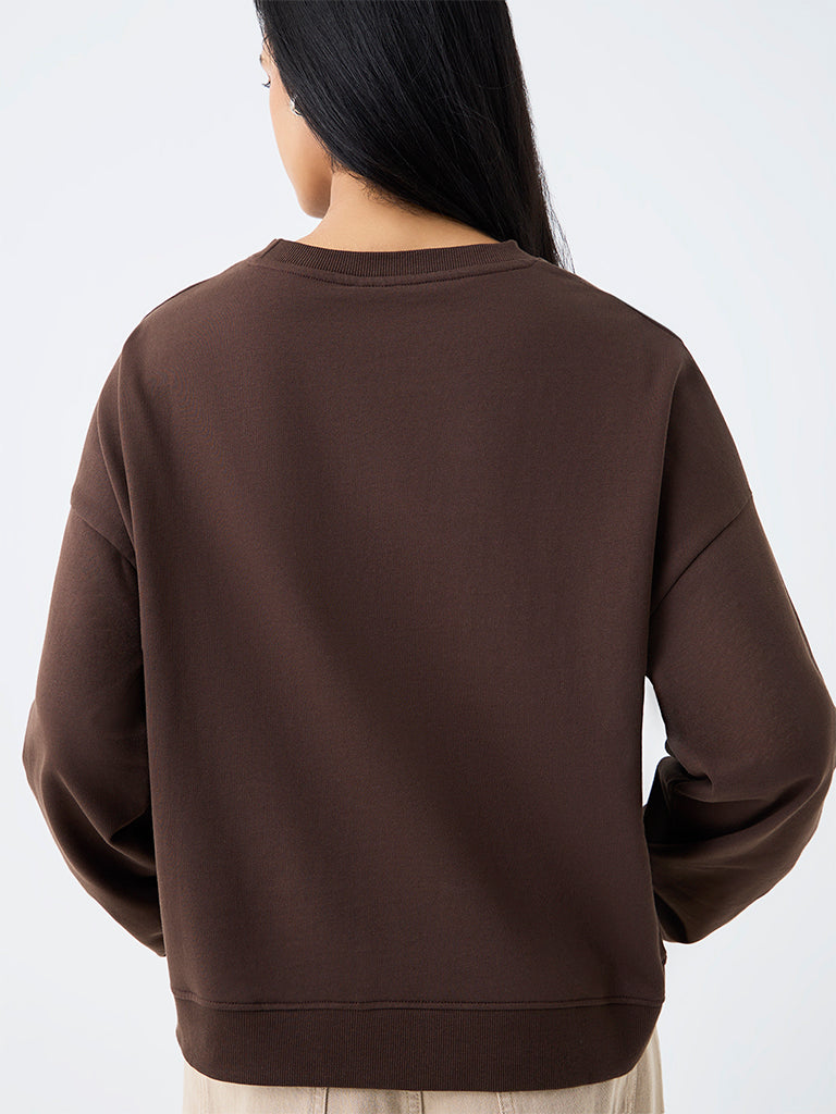 LOV Dark Brown Bow Detailed Cotton Sweatshirt