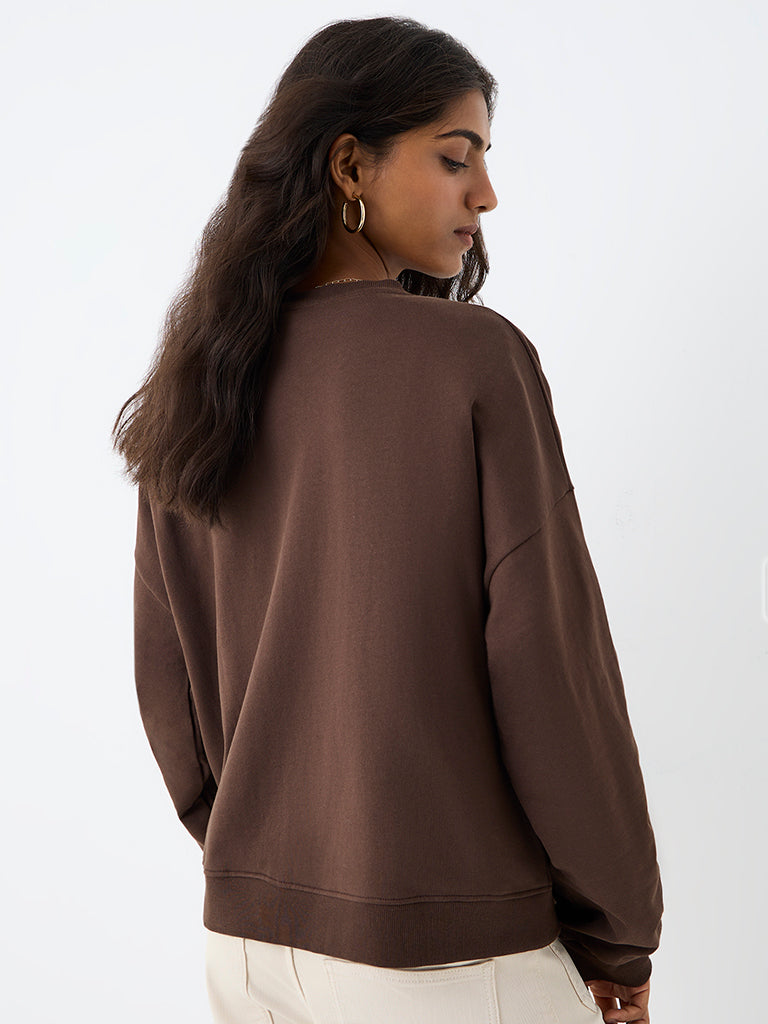 LOV Dark Brown Bow Embroidered Cotton Sweatshirt