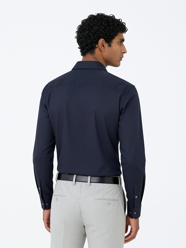 WES Formals Navy Solid Ultra Slim-Fit Cotton-Blend Shirt
