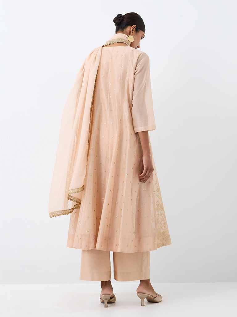 Vark Peach Sequin Embellished Flared Cotton-Blend Ethnic Set
