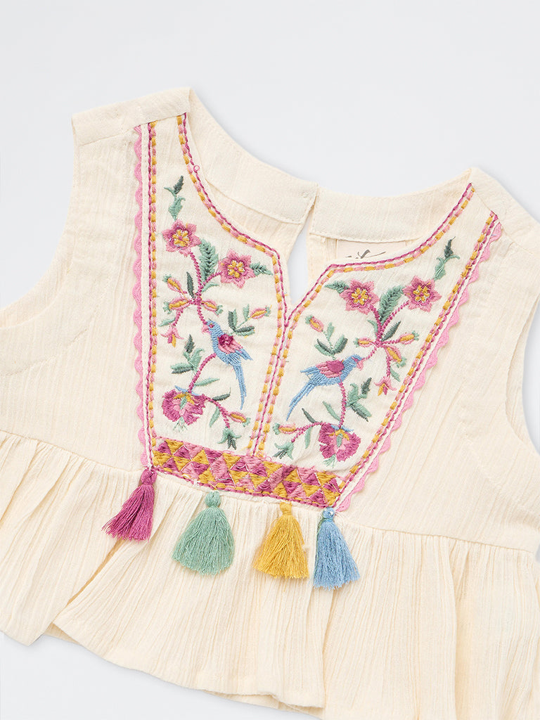 Utsa Kids Girls Off-White Embroidered Cotton Top - (2-8 yrs)