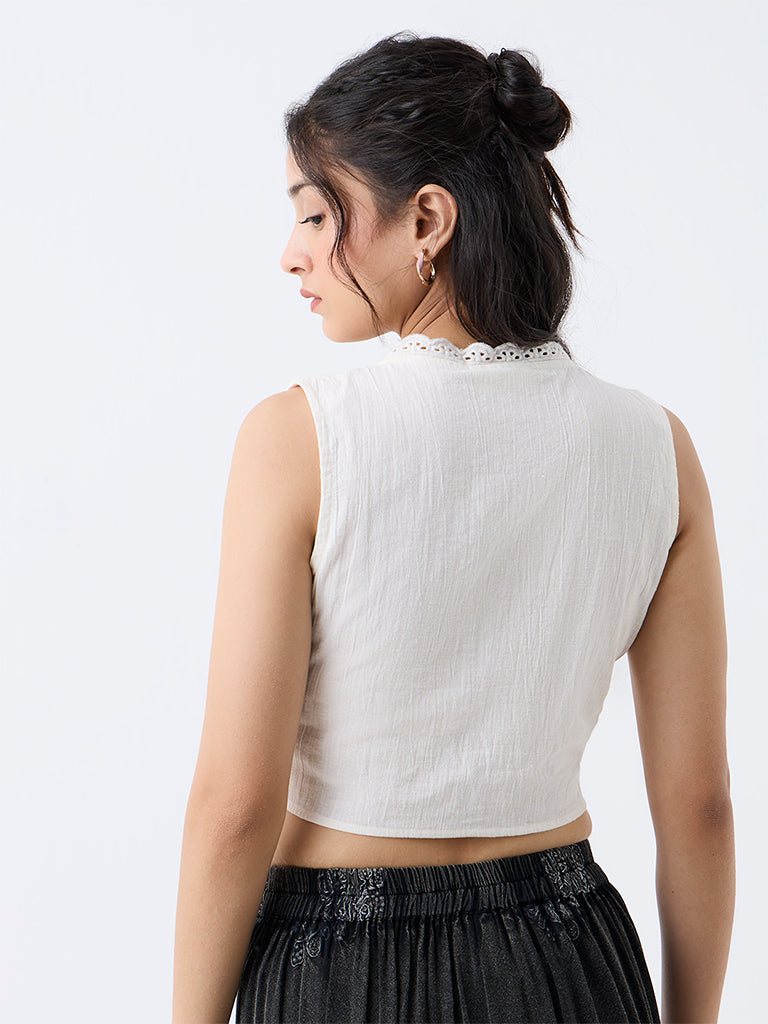 Bombay Paisley Off-White Ruched-Detail Tie-Up Cotton Top