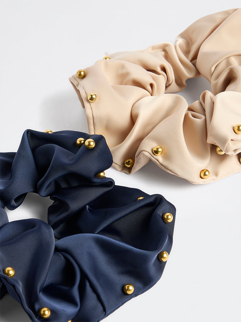 Westside Accessories Navy and Beige Beaded Satin Scrunchies - Pack of 2