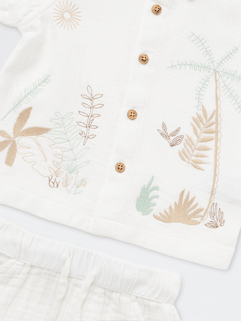HOP Baby Boys White Tropical-Inspired Cotton Shirt and Shorts Set