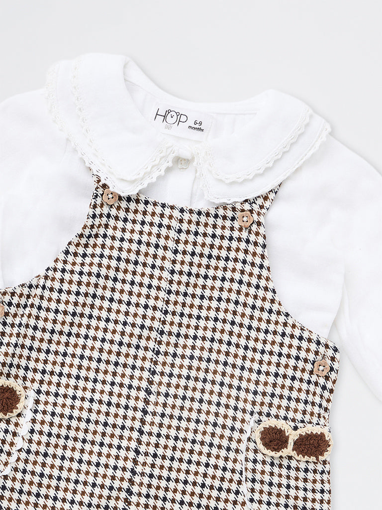 HOP Baby Girls Brown Houndstooth Checkered Cotton Pinafore and T-Shirt Set
