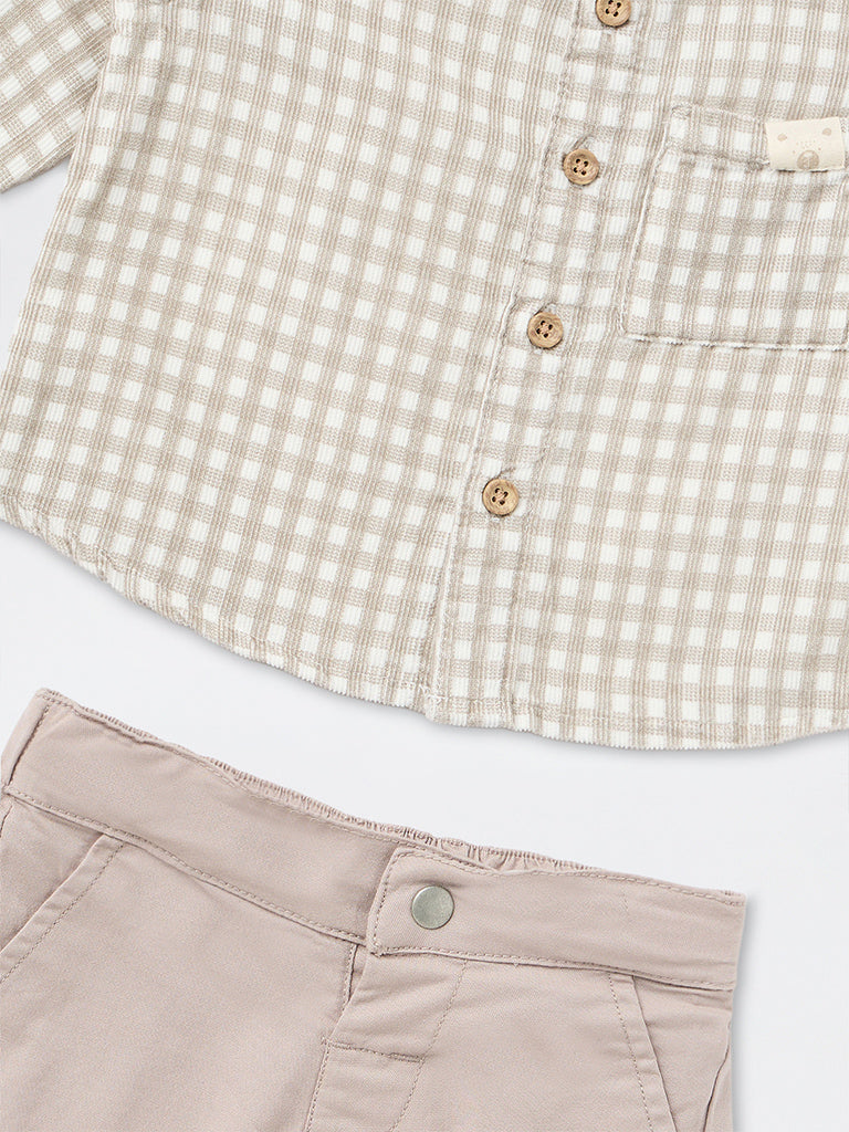 HOP Baby Boys Taupe Gingham Checkered Cotton Shirt and Pant Set