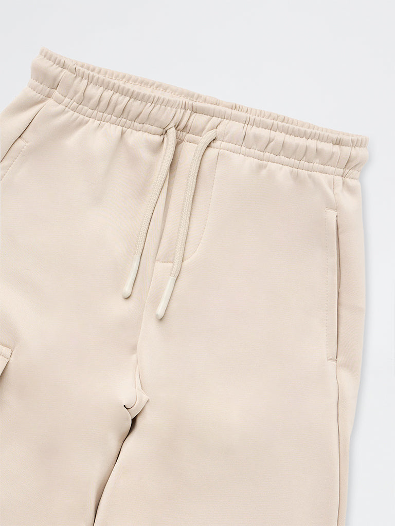 HOP Kids Boys Beige Solid Mid-Rise Baggy-Fit Joggers
