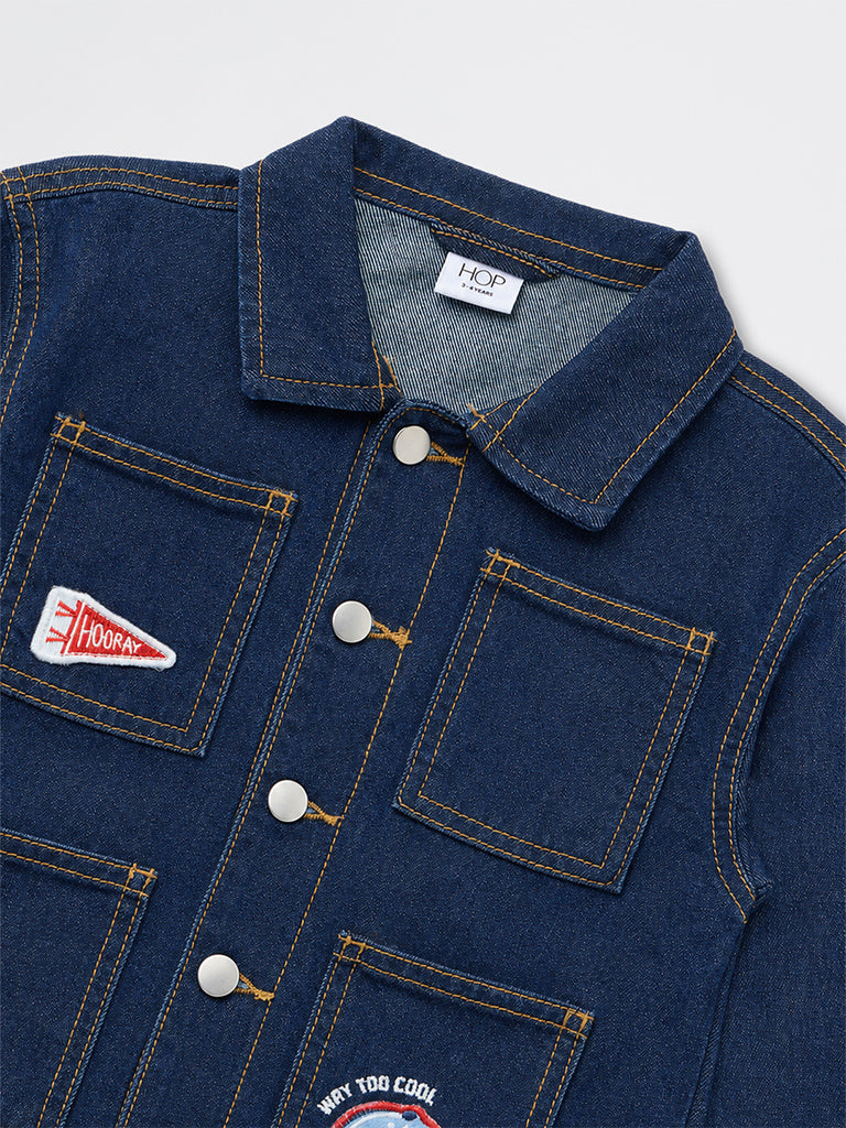 HOP Kids Boys Dark Blue Patch-Detail Denim Jacket