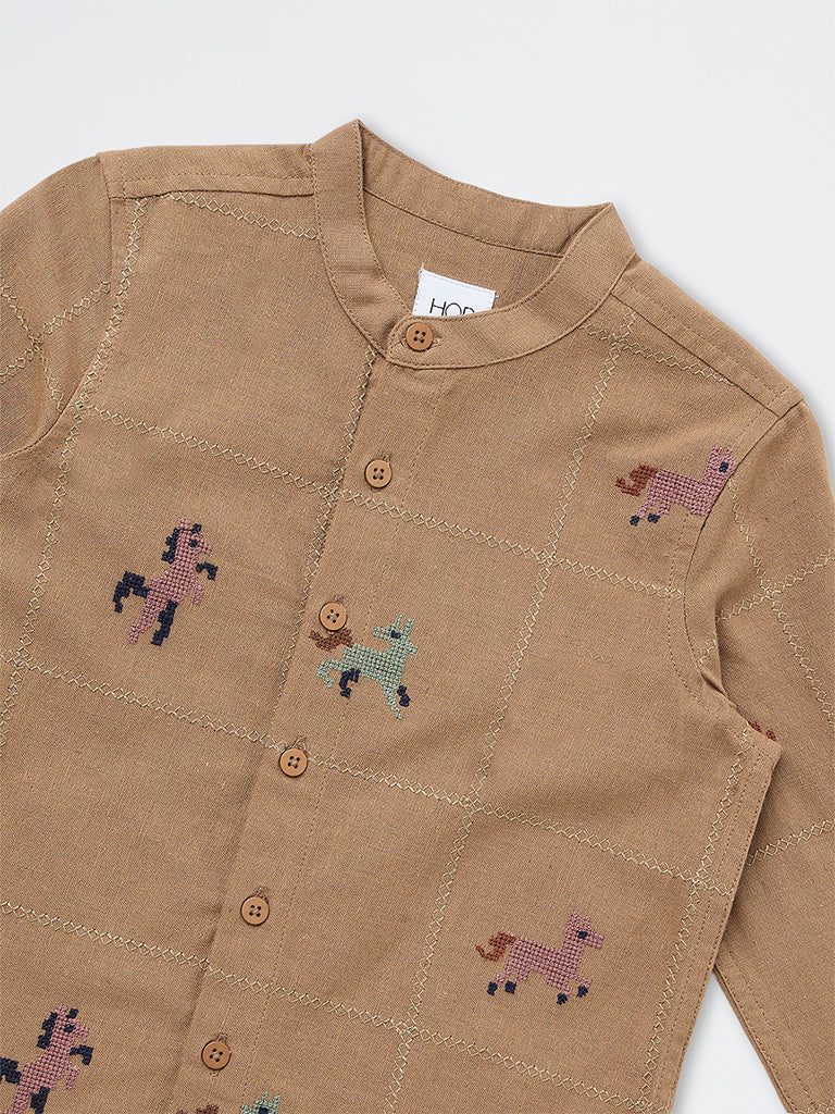 HOP Kids Boys Brown Animal Embroidered Cotton-Blend Shirt