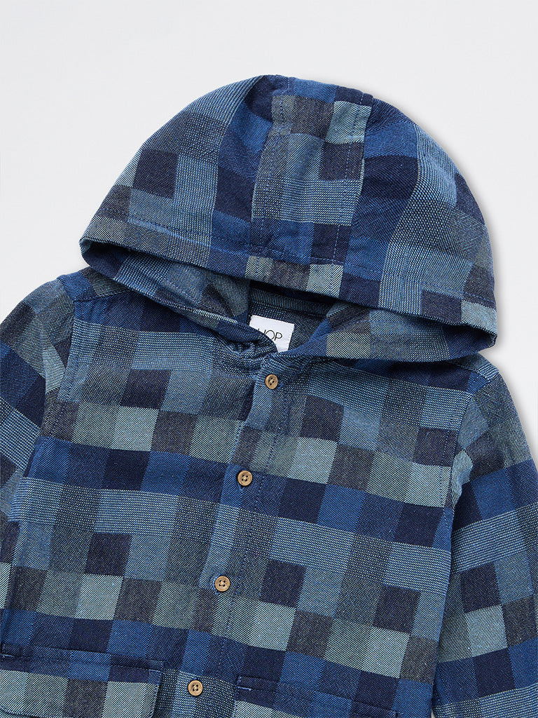 HOP Kids Boys Blue Checkered Hooded Cotton Shirt