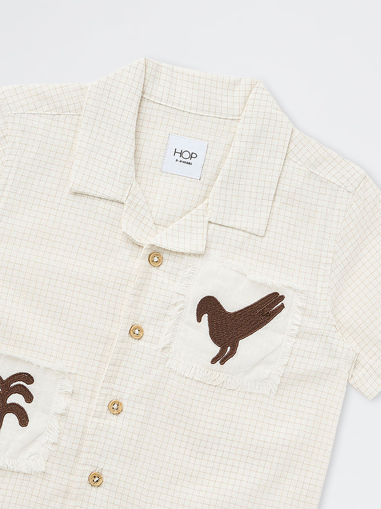 HOP Kids Boys Light Beige Checks Printed Resort-Fit Cotton Shirt